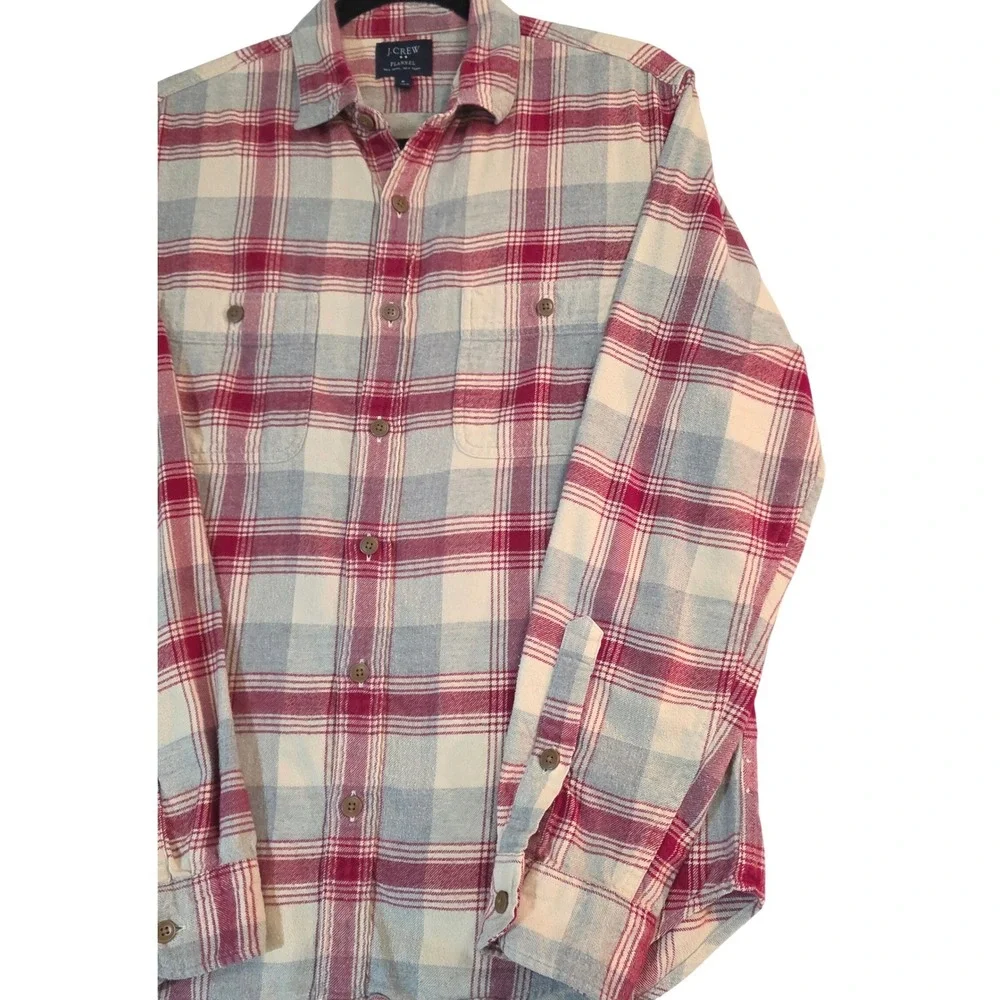 J Crew Flannel Shirt Cream Red Blue Plaid Long Sleeve Button Up Men's‎ M